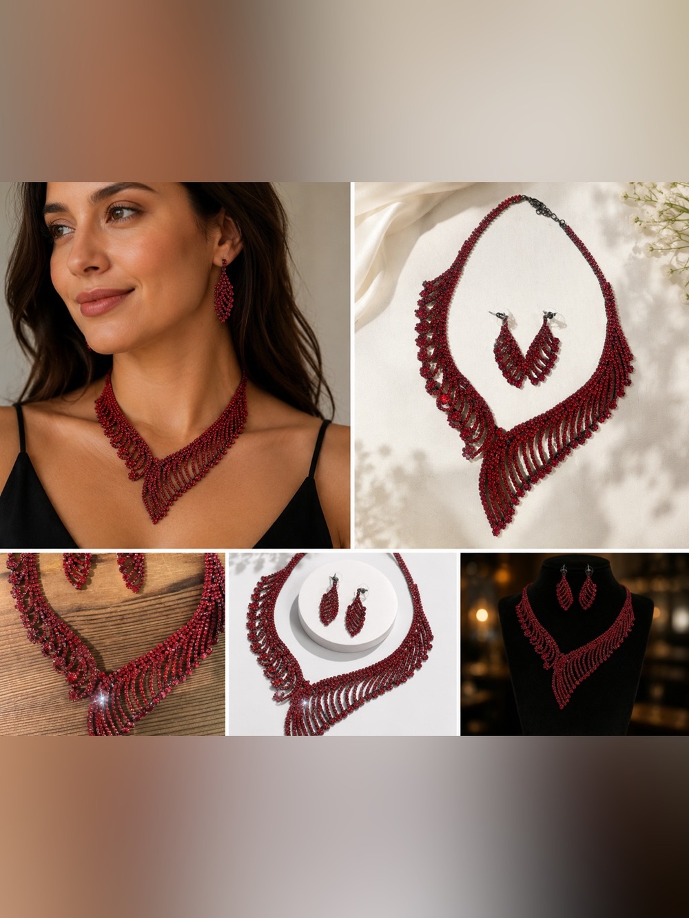 Red Beaded Fringe Statement Necklace and Earrings - Women
